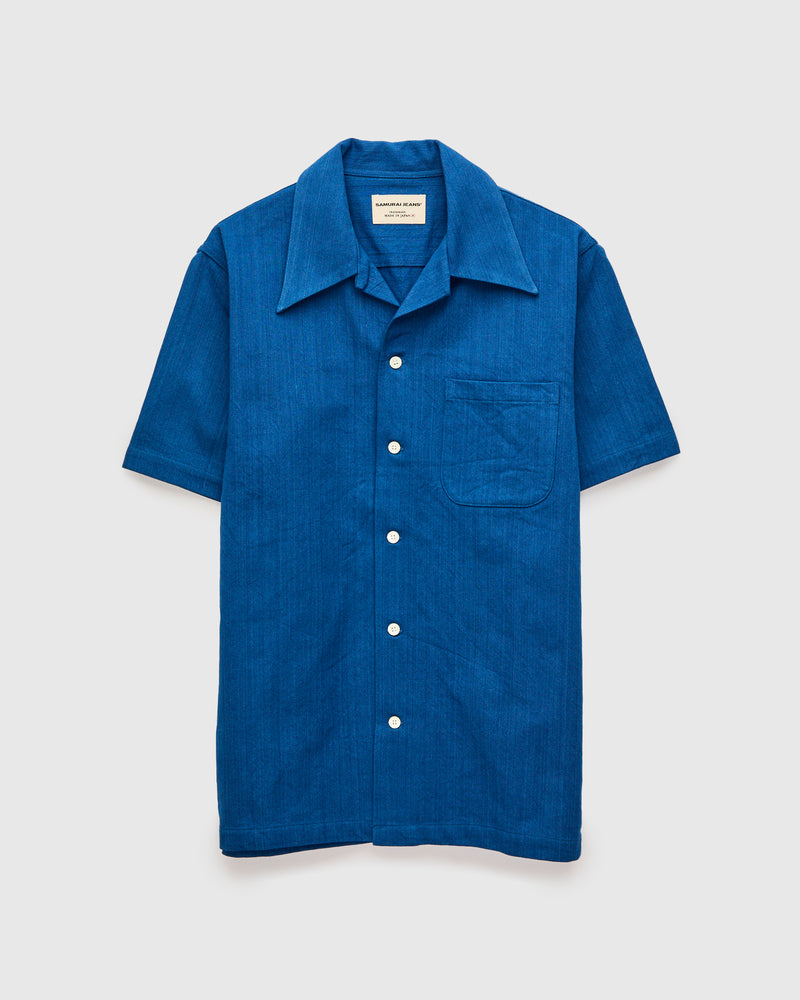 "Asagi" Herringbone Short Sleeve Shirt in Natural Indigo