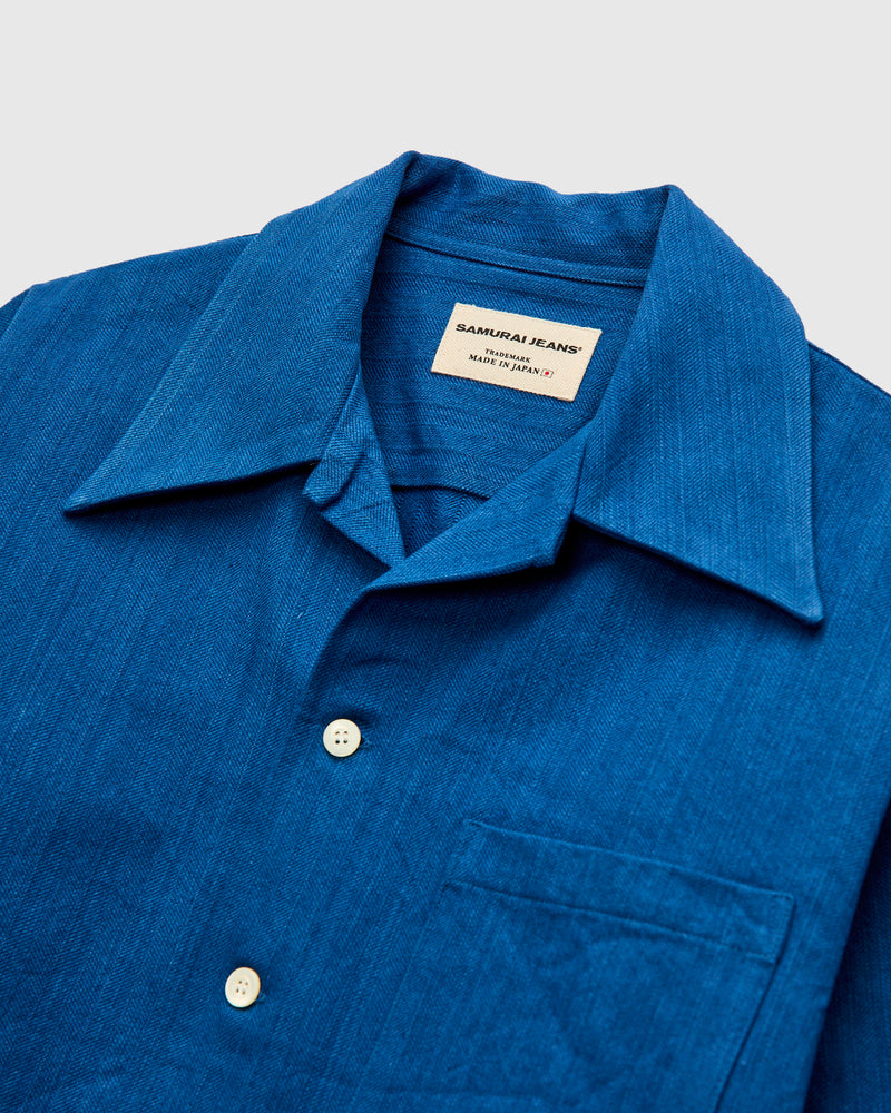 "Asagi" Herringbone Short Sleeve Shirt in Natural Indigo