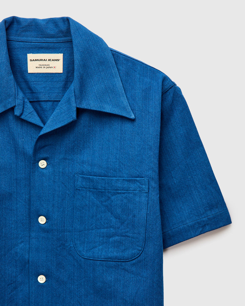 "Asagi" Herringbone Short Sleeve Shirt in Natural Indigo