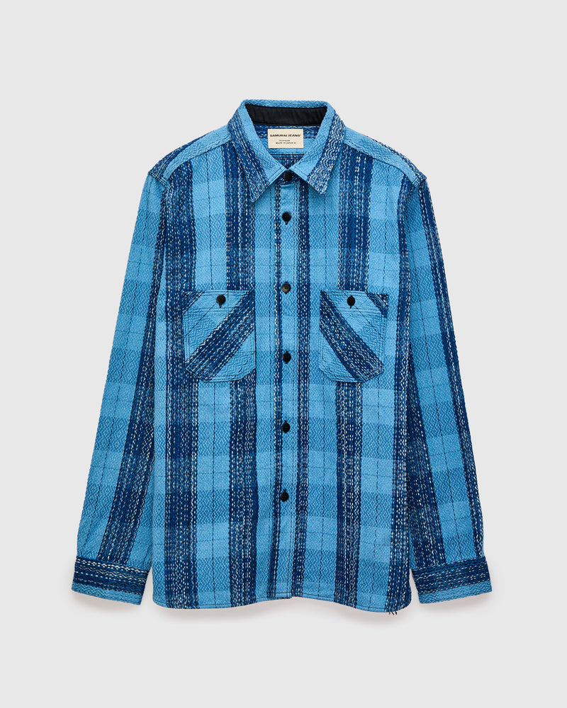 "Rain Kasuri" Sashiko Workshirt in Natural Indigo