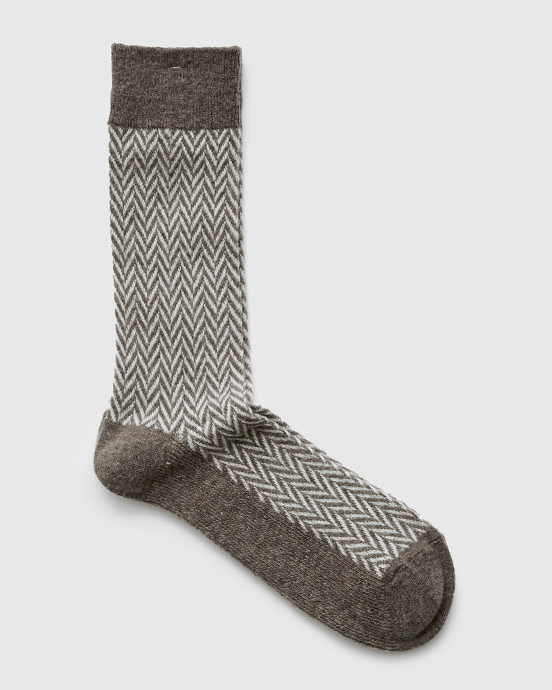 Wool Herringbone Crew Sock in Light Brown