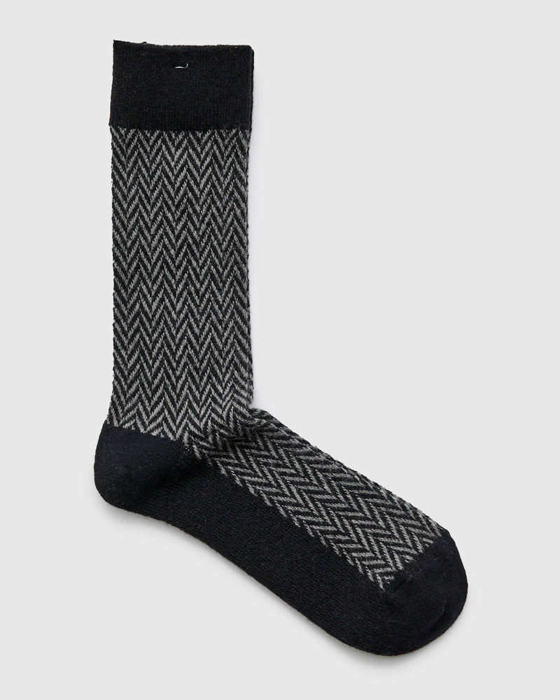 Wool Herringbone Crew Sock in Black
