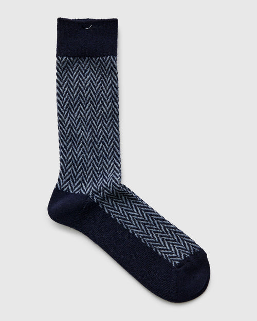 Wool Herringbone Crew Sock in Navy