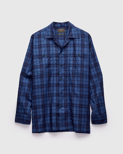 MIL Dobby Plaid Open Collar Shirt in Indigo