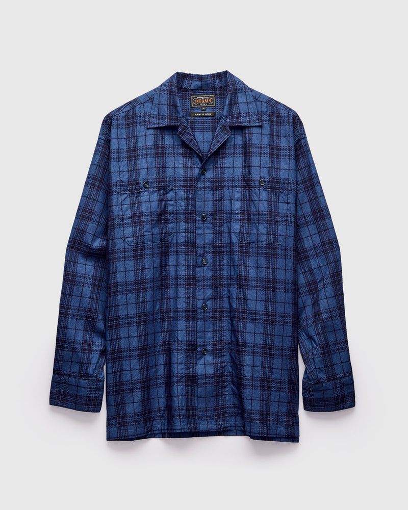 MIL Dobby Plaid Open Collar Shirt in Indigo