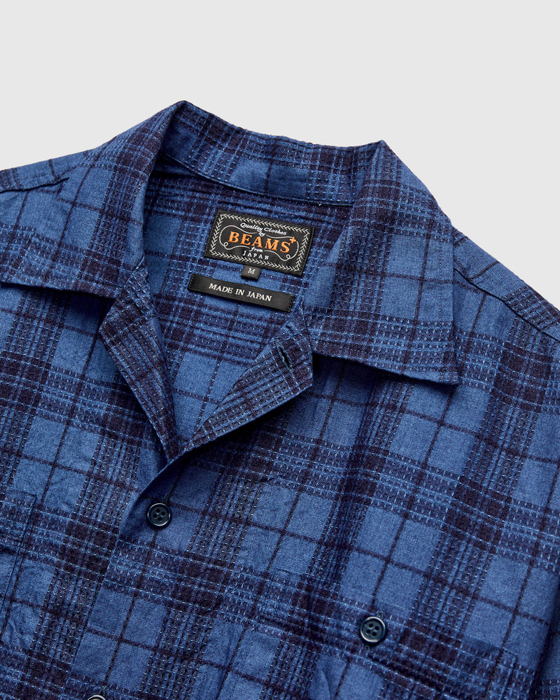 MIL Dobby Plaid Open Collar Shirt in Indigo