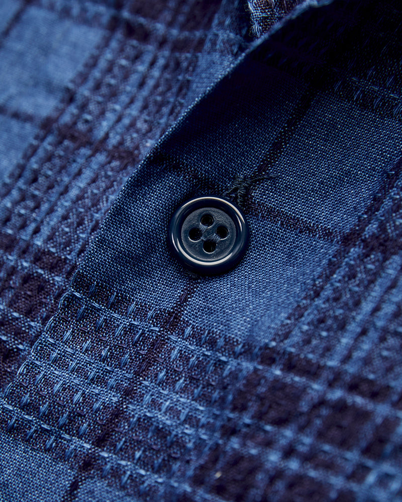 MIL Dobby Plaid Open Collar Shirt in Indigo