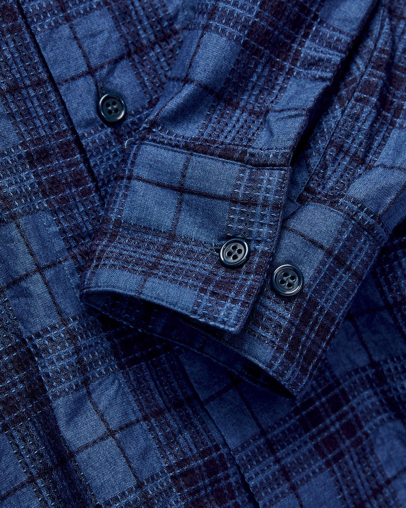 MIL Dobby Plaid Open Collar Shirt in Indigo