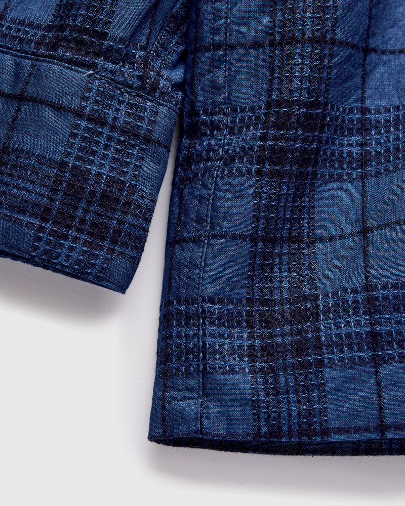 MIL Dobby Plaid Open Collar Shirt in Indigo