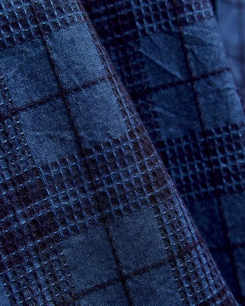 MIL Dobby Plaid Open Collar Shirt in Indigo