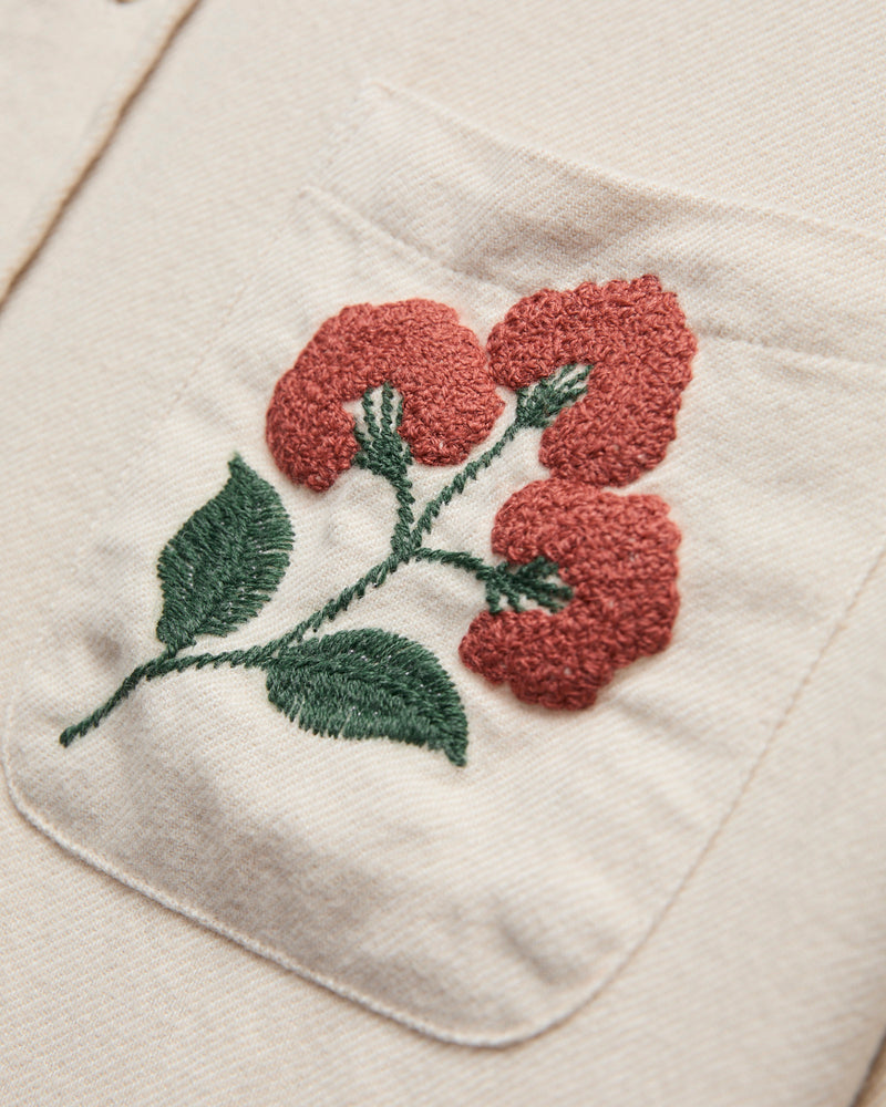 Embroidery Flannel Button-Up Shirt in White