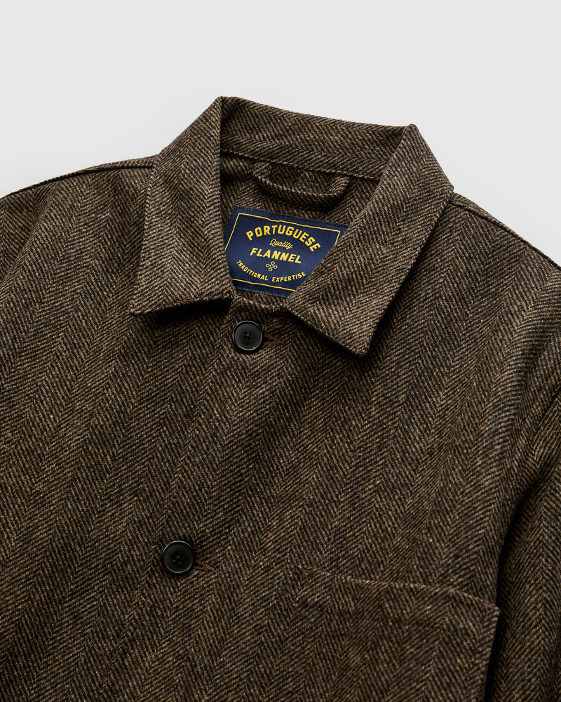 Labura Herringbone Wool Chore Coat in Brown