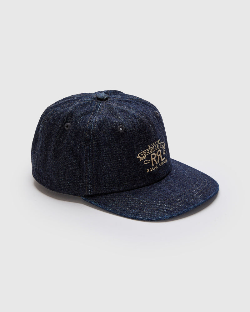 Double RL Logo Sportsman Cap in Rinsed Denim