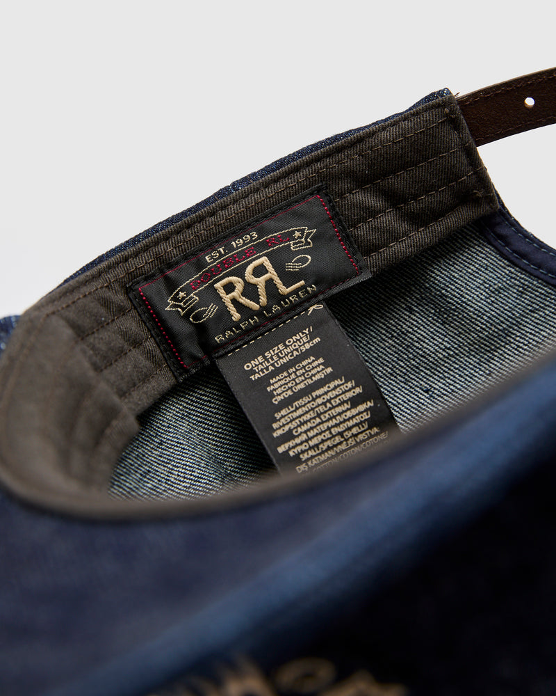 Double RL Logo Sportsman Cap in Rinsed Denim