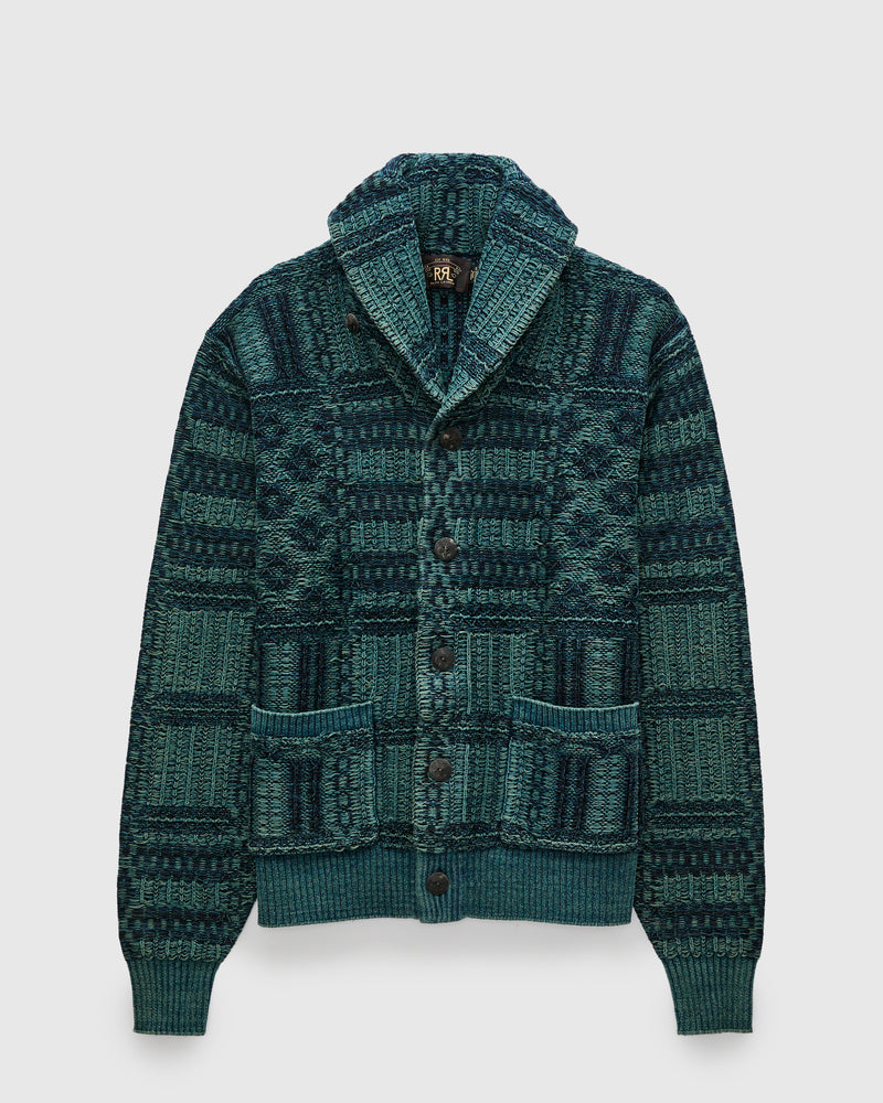 Jacquard-Knit Shawl Collar Cardigan in Indigo