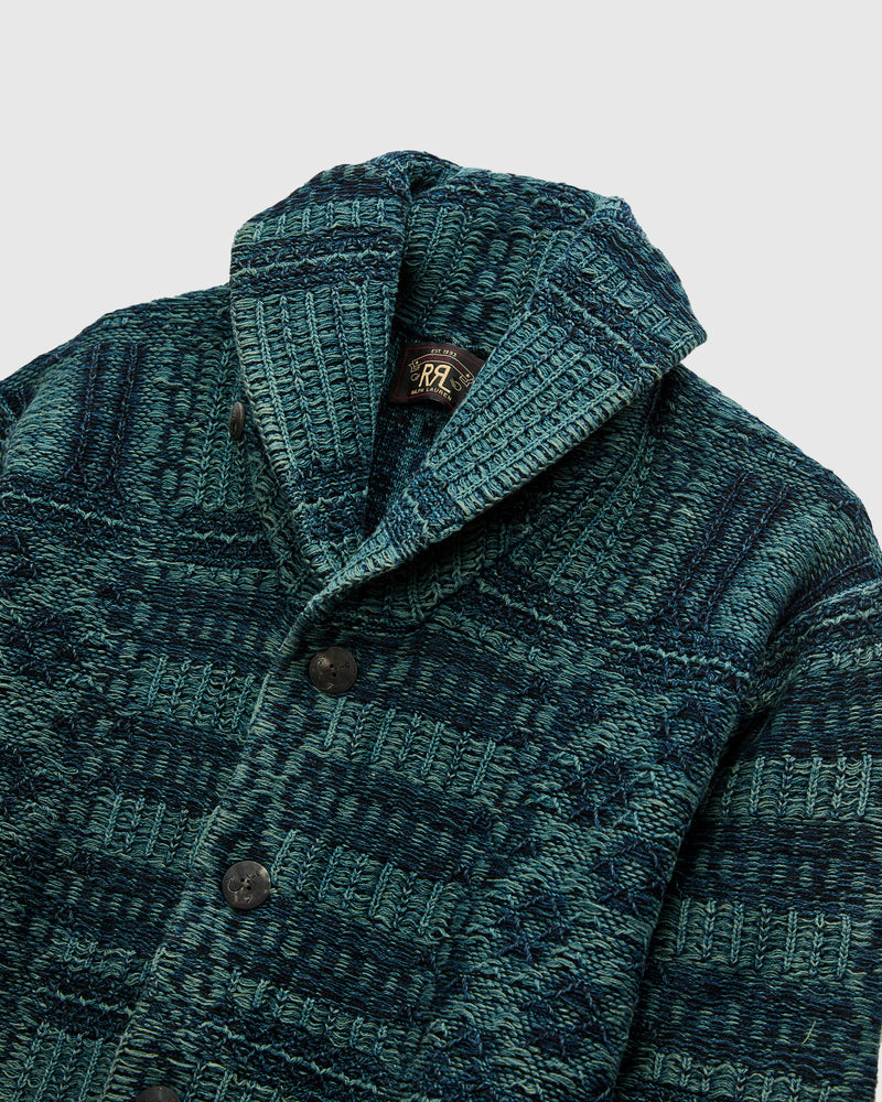 Jacquard-Knit Shawl Collar Cardigan in Indigo