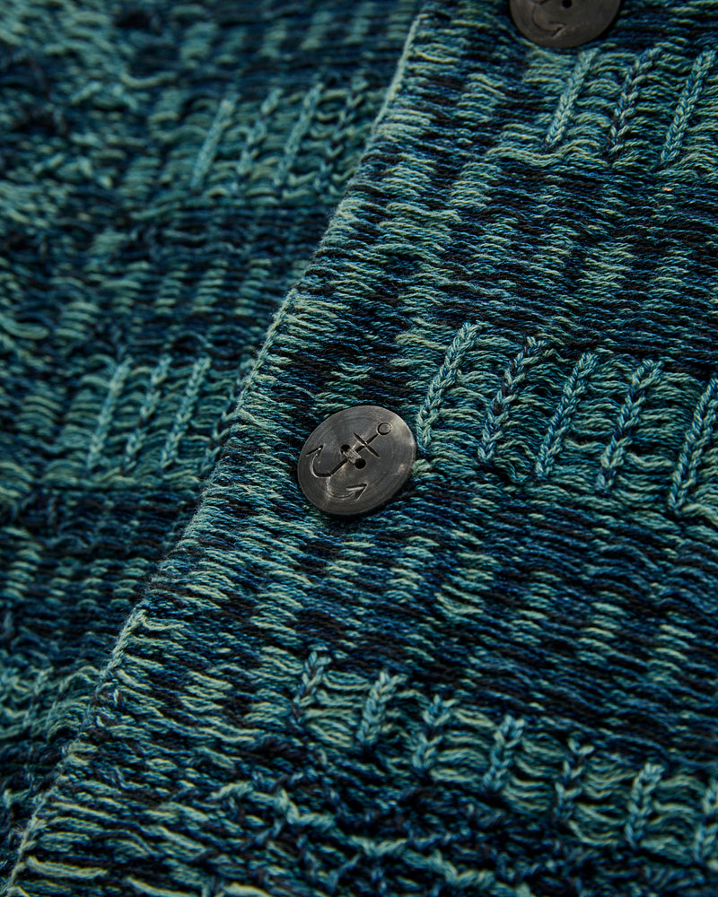 Jacquard-Knit Shawl Collar Cardigan in Indigo