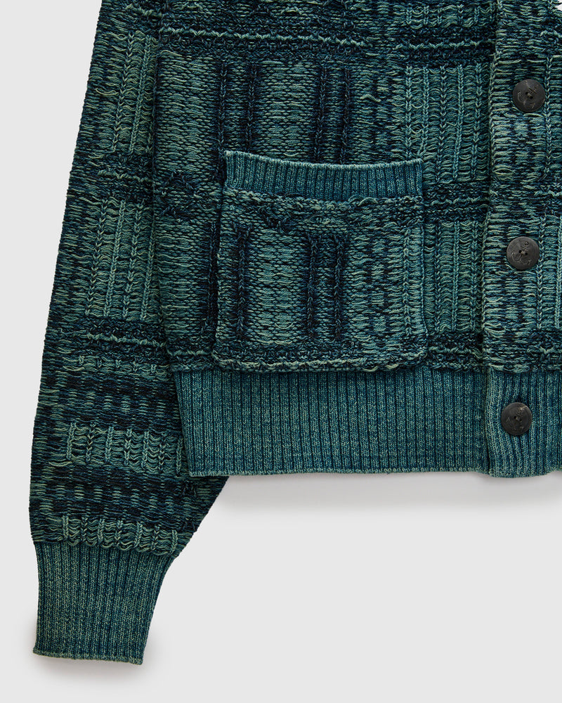 Jacquard-Knit Shawl Collar Cardigan in Indigo