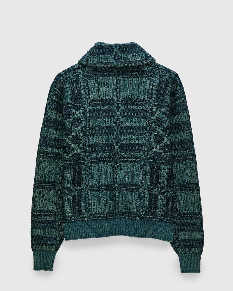 Jacquard-Knit Shawl Collar Cardigan in Indigo