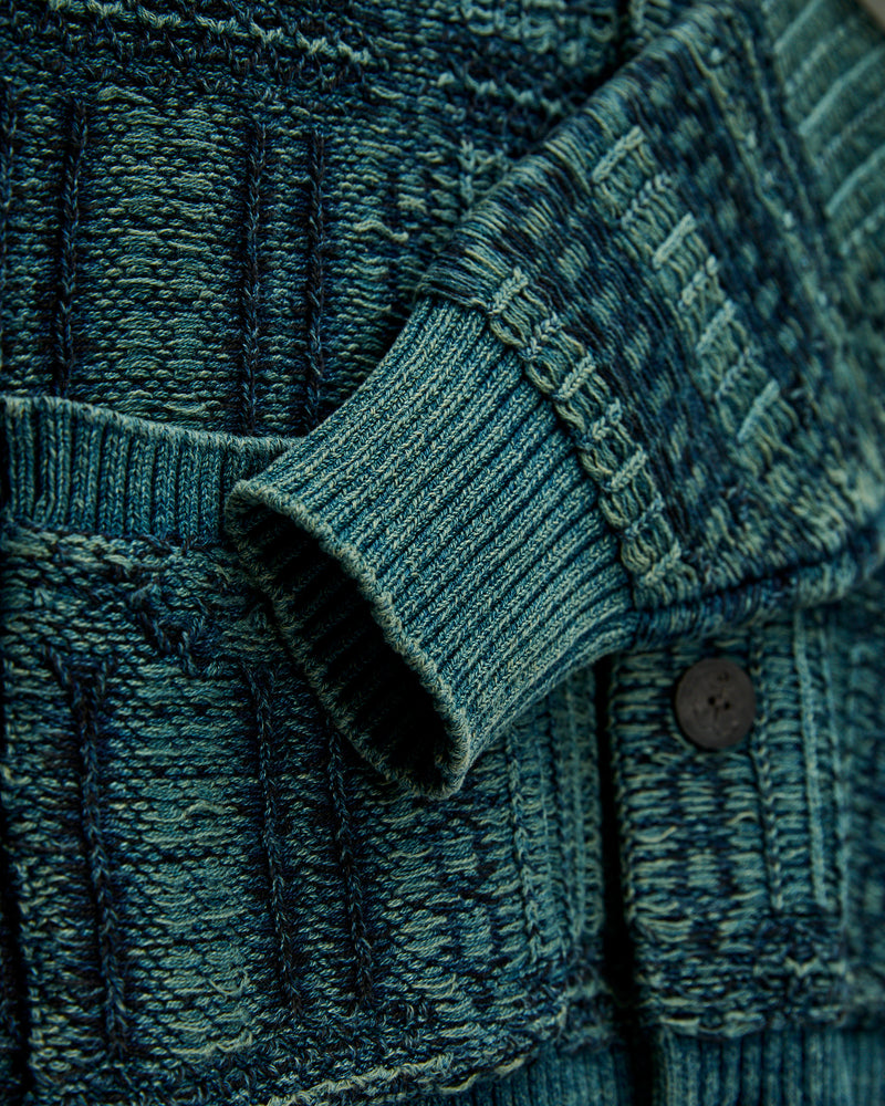 Jacquard-Knit Shawl Collar Cardigan in Indigo