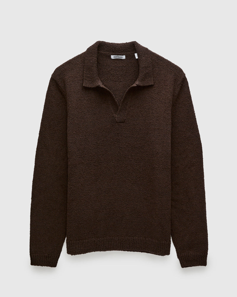 Long Sleeve Knit Polo in Bark Boucle