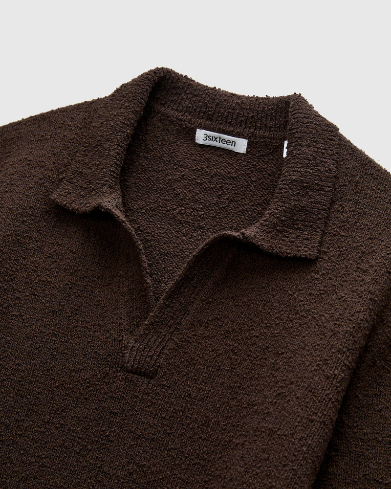 Long Sleeve Knit Polo in Bark Boucle