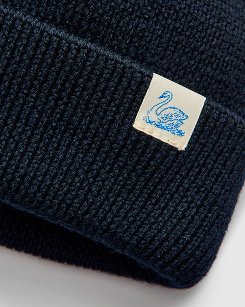 Merino Wool Ribbed Beanie in Dark Navy