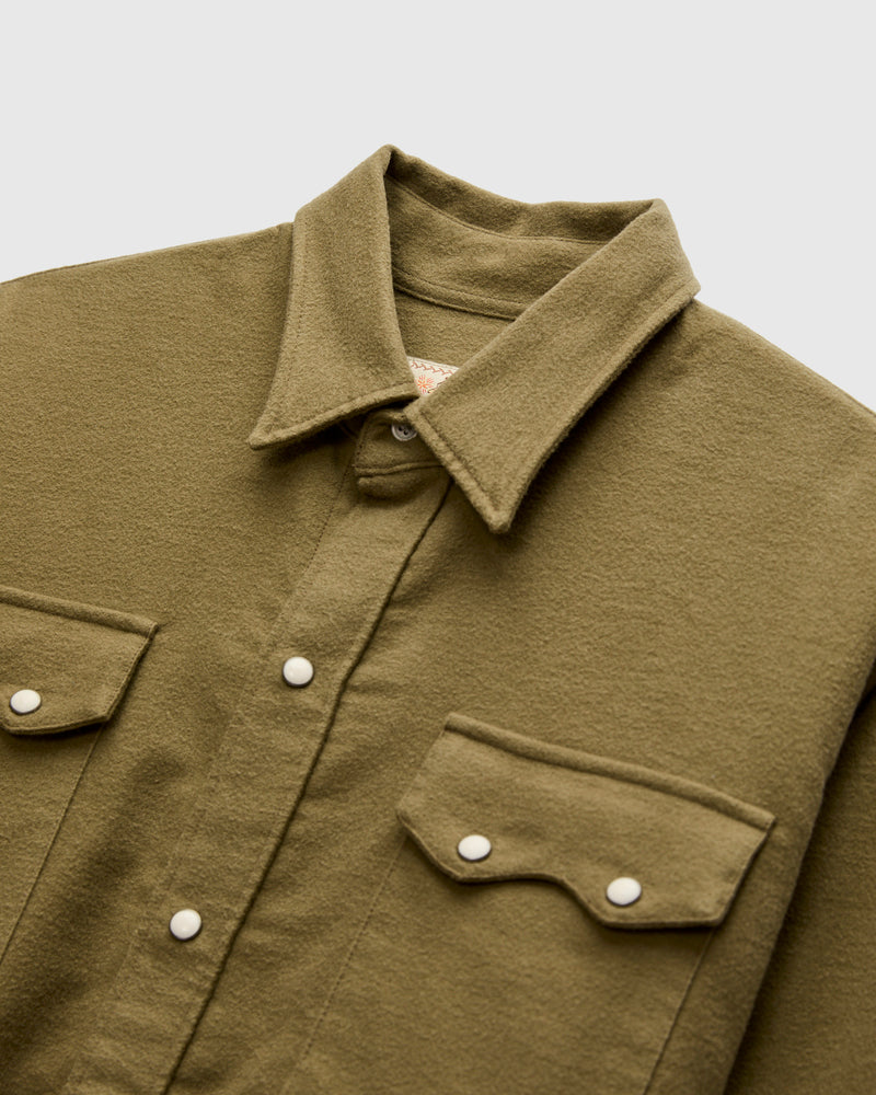 Moleskin Pearl Snap Shirt in Faded Olive