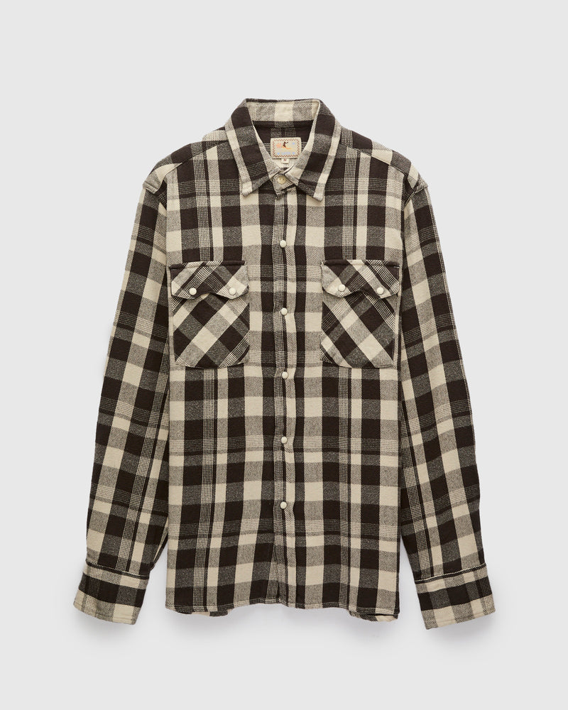 Washed Flannel Pearl Snap Shirt in Night Pitch