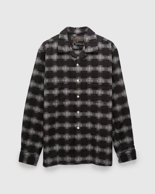 Brushed Satin Plaid Open Collar Shirt in Black