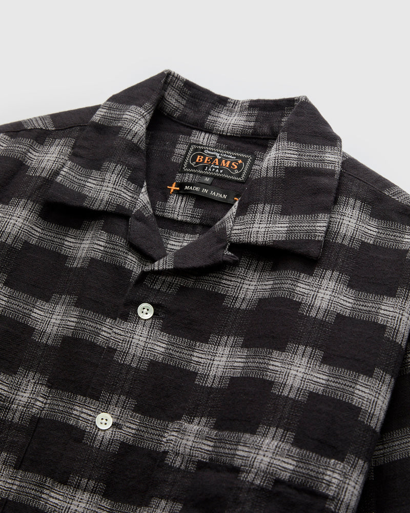 Brushed Satin Plaid Open Collar Shirt in Black
