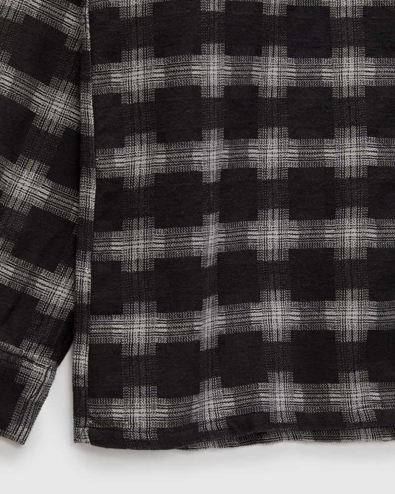 Brushed Satin Plaid Open Collar Shirt in Black