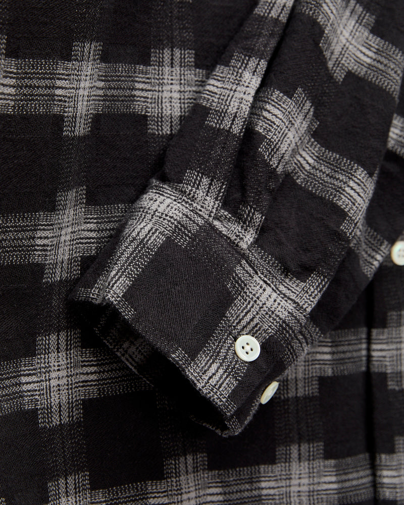 Brushed Satin Plaid Open Collar Shirt in Black