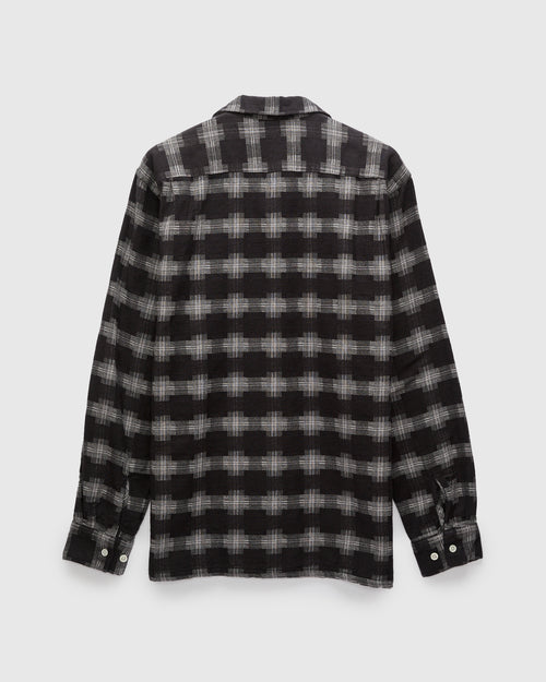 Brushed Satin Plaid Open Collar Shirt in Black