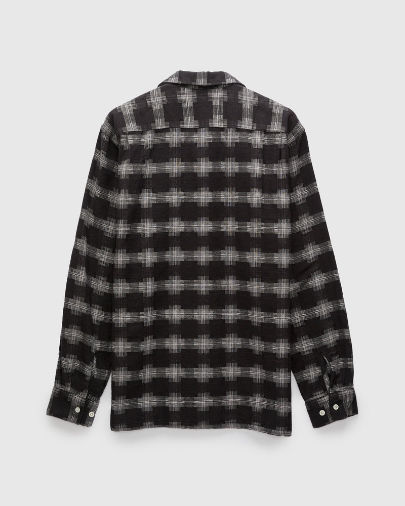 Brushed Satin Plaid Open Collar Shirt in Black