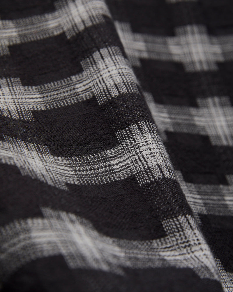 Brushed Satin Plaid Open Collar Shirt in Black