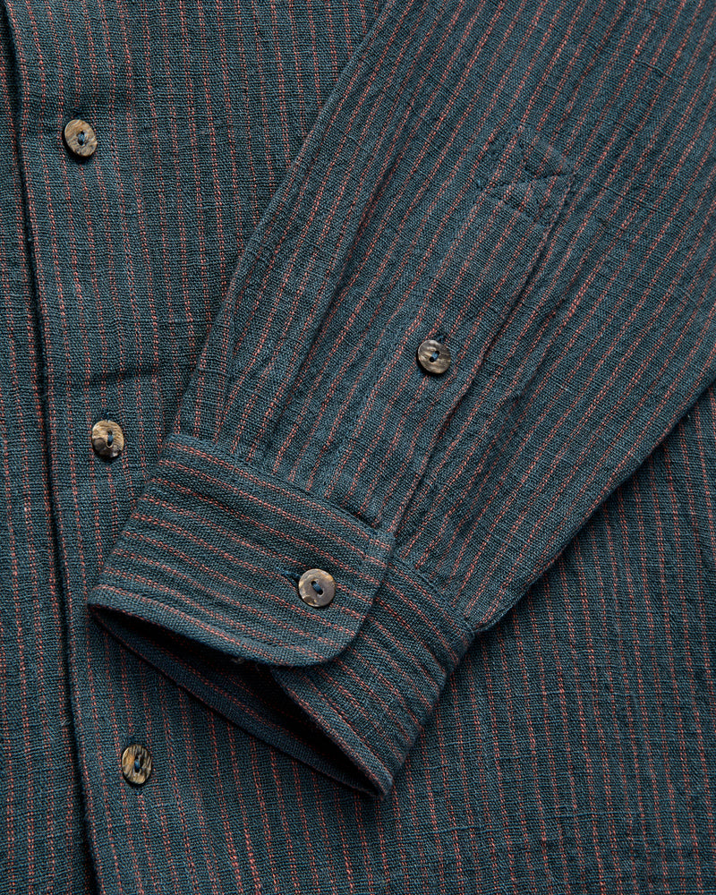 Rios Workshirt in Midnight Teal/Clay Ticking Stripe
