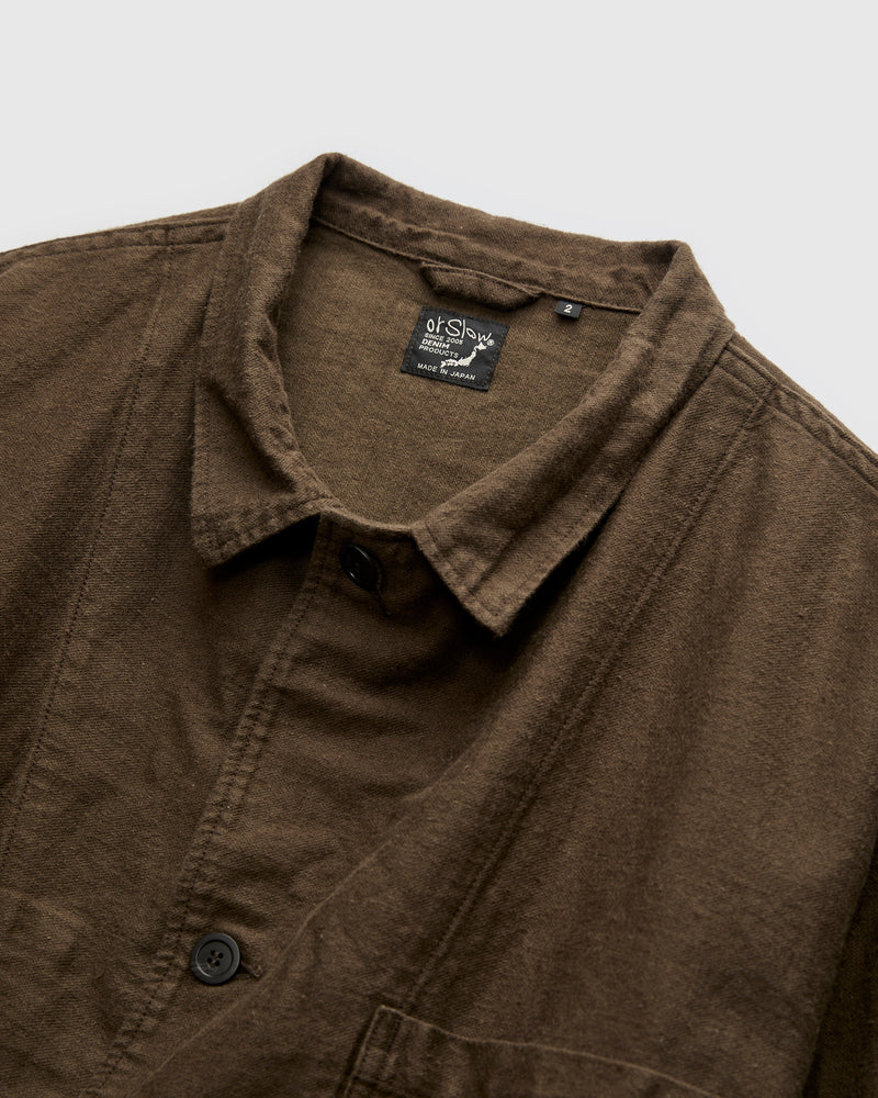Linen Moleskin Simple Work Jacket in Coffee Brown
