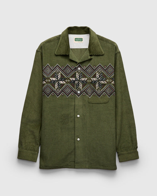 Embroidered Corduroy Overshirt in Olive