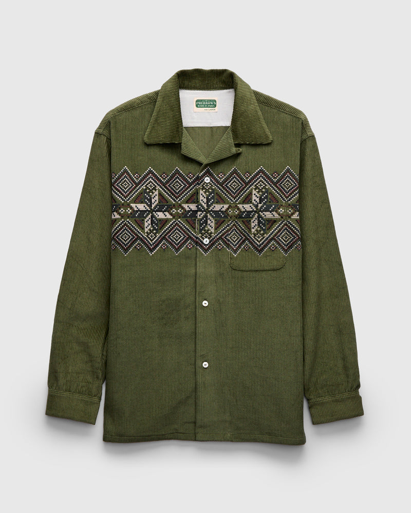 Embroidered Corduroy Overshirt in Olive