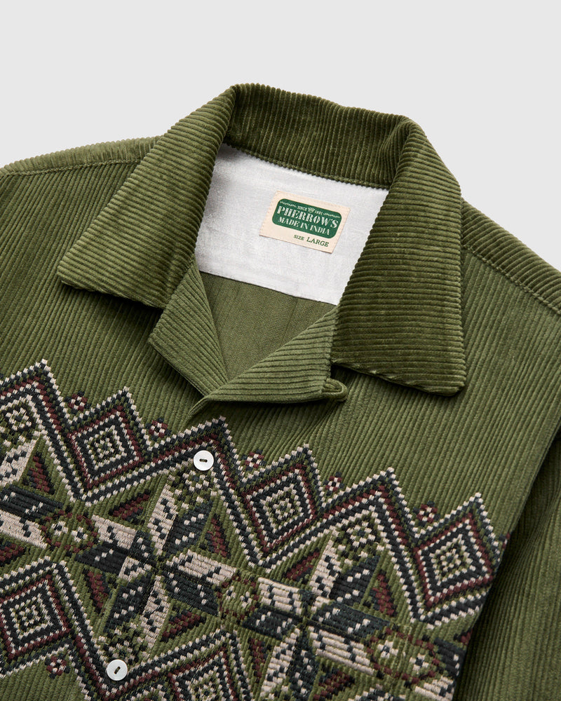Embroidered Corduroy Overshirt in Olive