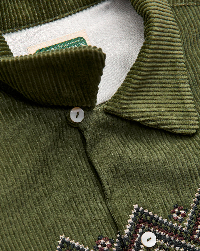 Embroidered Corduroy Overshirt in Olive