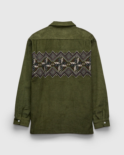 Embroidered Corduroy Overshirt in Olive