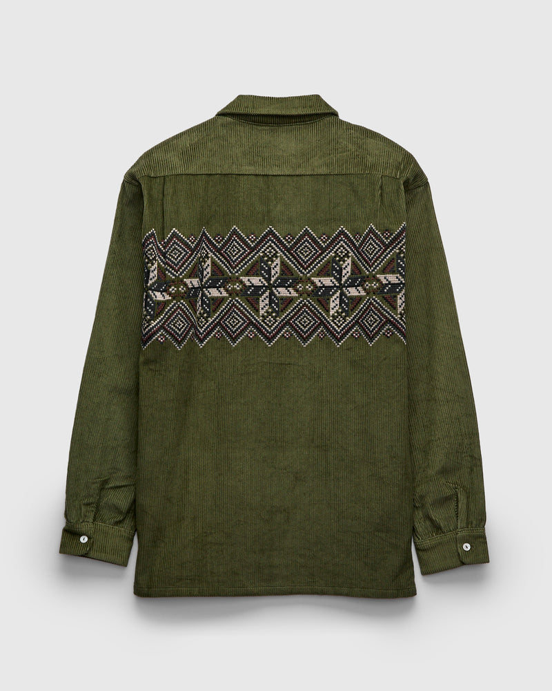 Embroidered Corduroy Overshirt in Olive