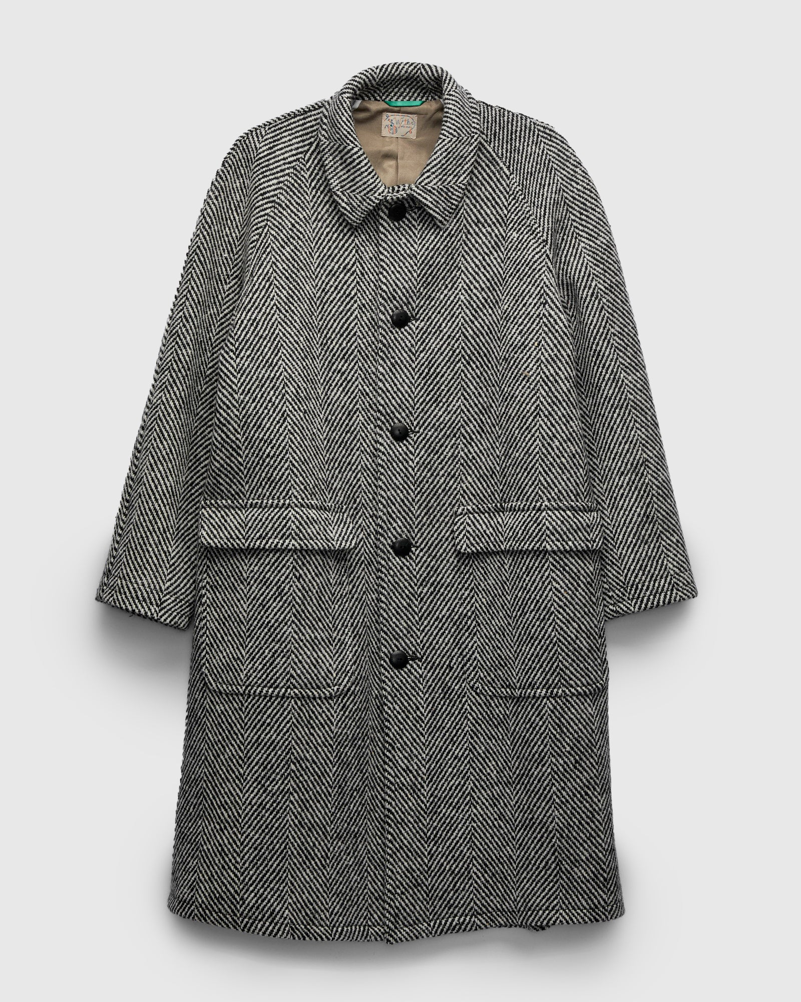 Raglan Wool Overcoat in Black/Cream Herringbone Tweed – Blue Owl