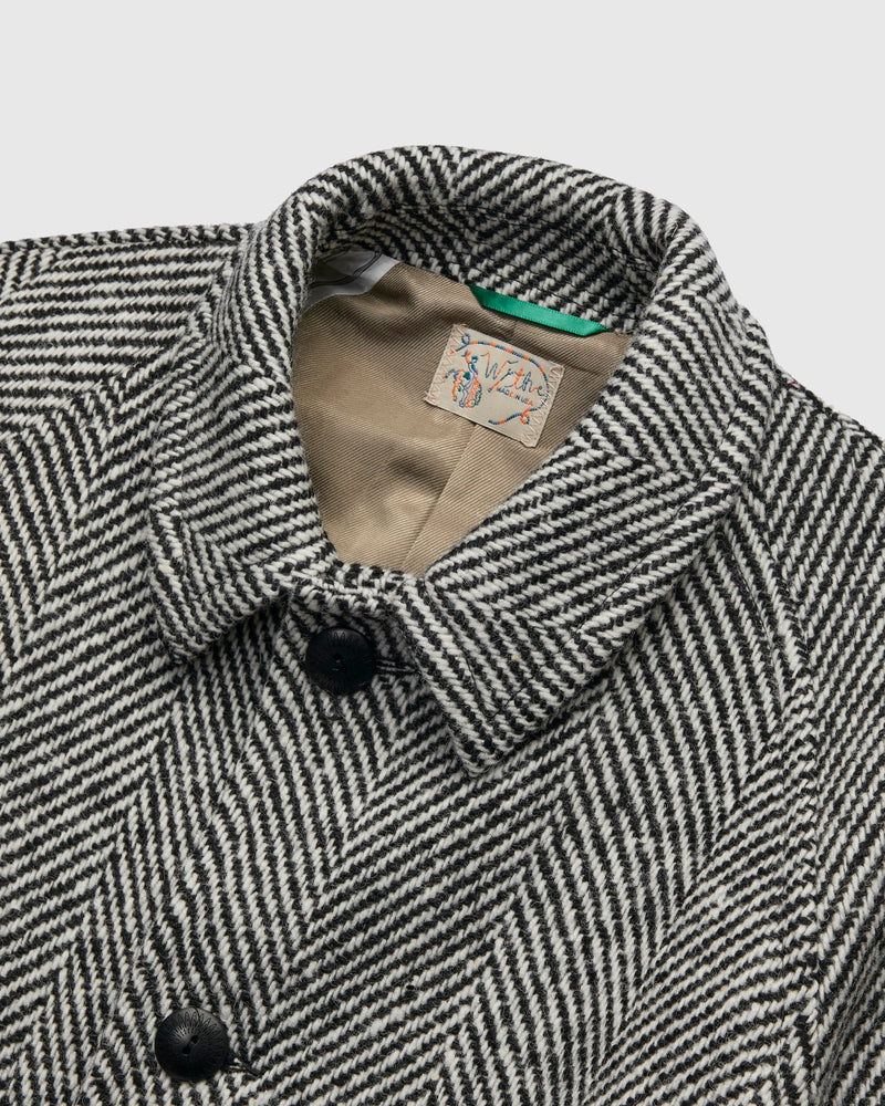 Raglan Wool Overcoat in Black/Cream Herringbone Tweed