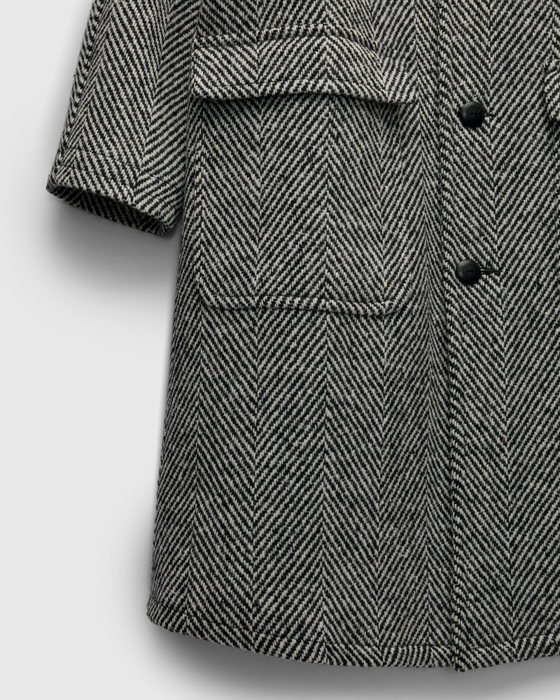 Raglan Wool Overcoat in Black/Cream Herringbone Tweed