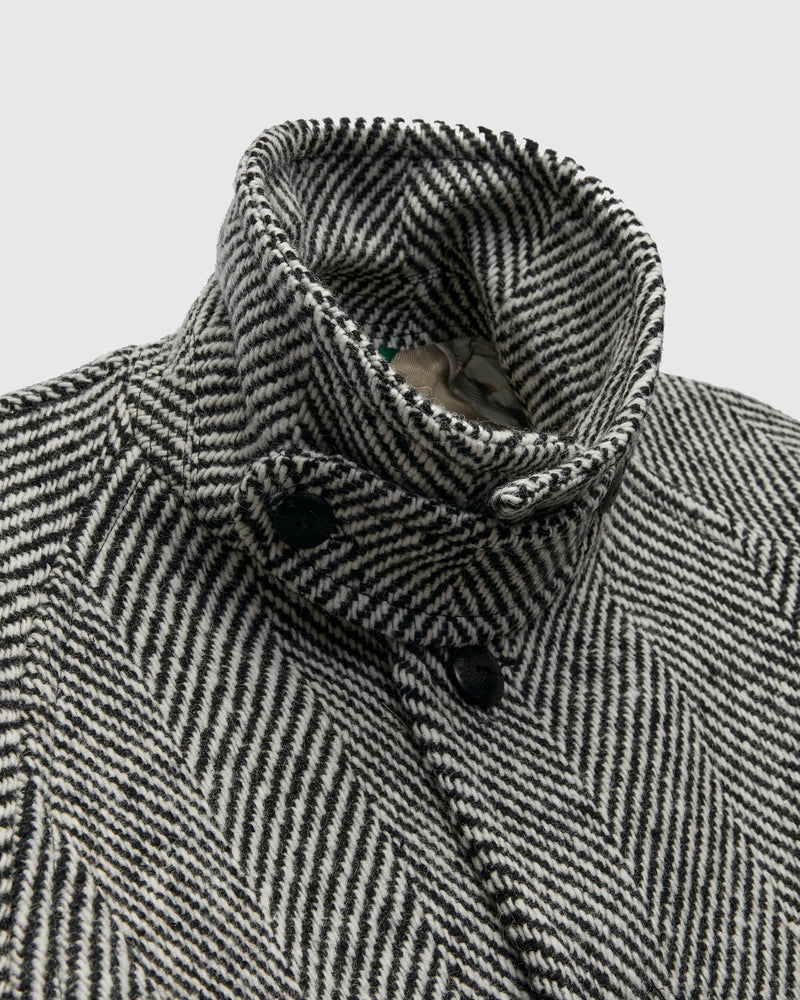 Raglan Wool Overcoat in Black/Cream Herringbone Tweed