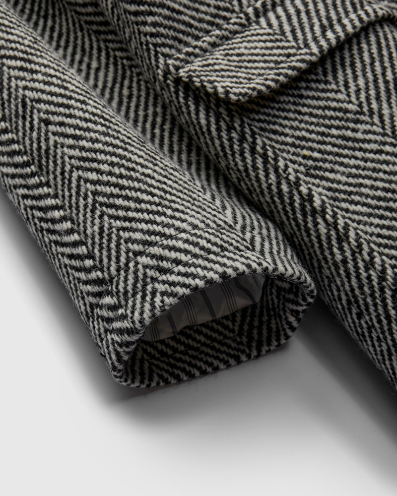 Raglan Wool Overcoat in Black/Cream Herringbone Tweed