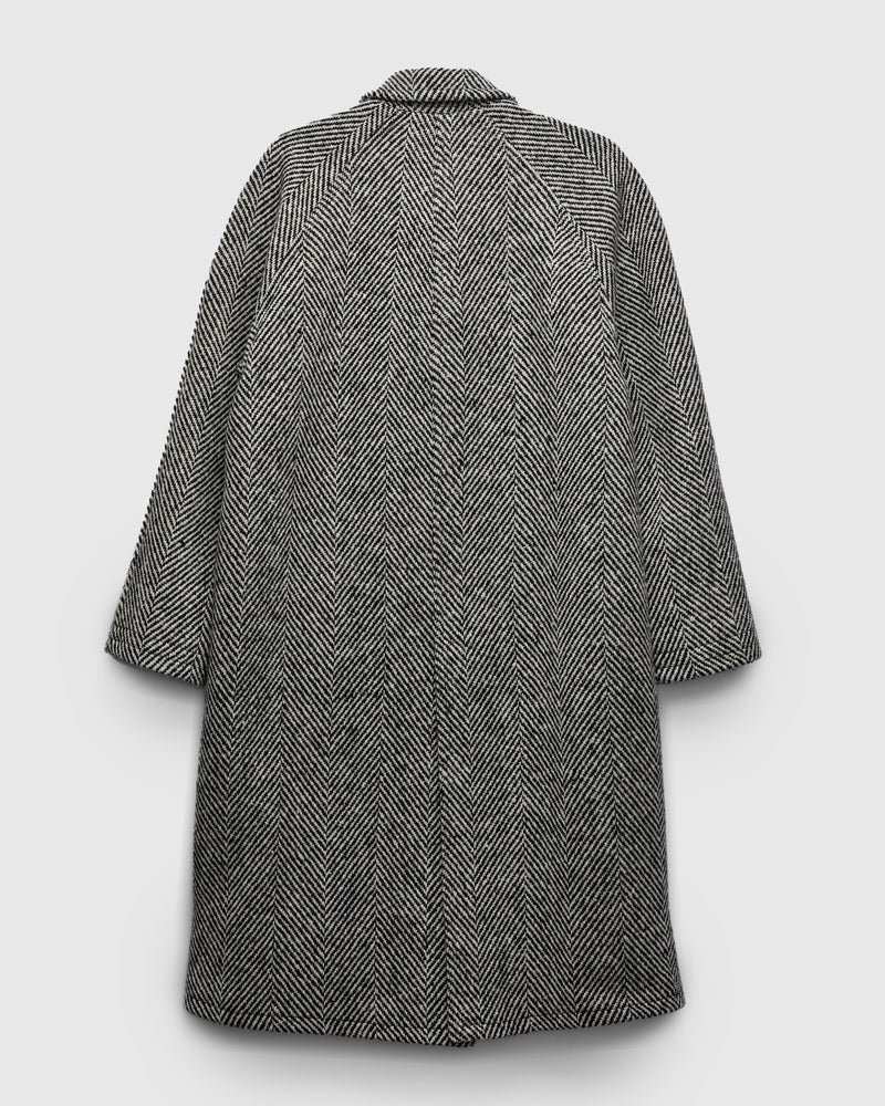 Raglan Wool Overcoat in Black/Cream Herringbone Tweed